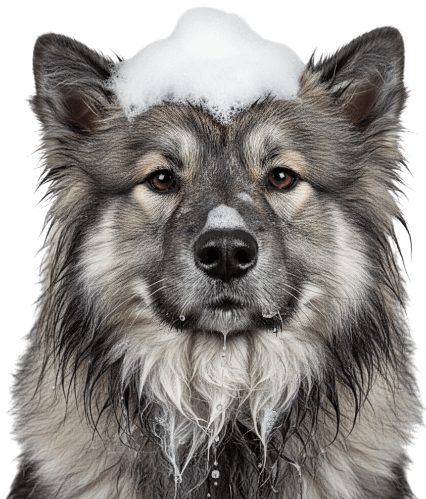 Keeshond with shampoo at its head